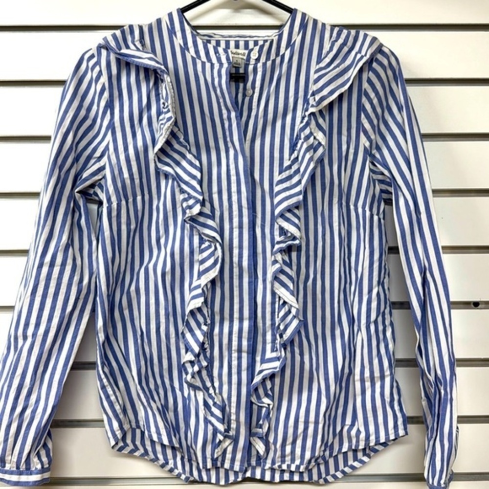 Madewell‎ Whitney Striped Ruffle-front cotton blue and white Blouse size small